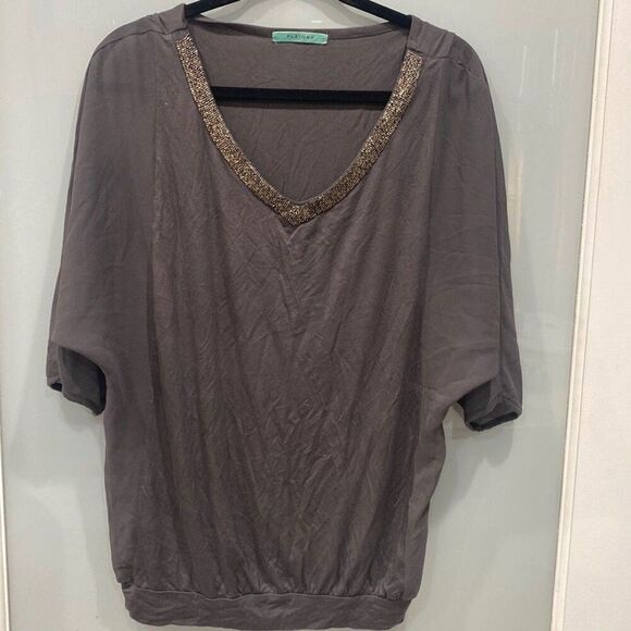 Pleione Tops - Pleione Women's Grey Charcoal V-Neck Sheer Sleeve Tunic Blouse Top Shirt Sz M